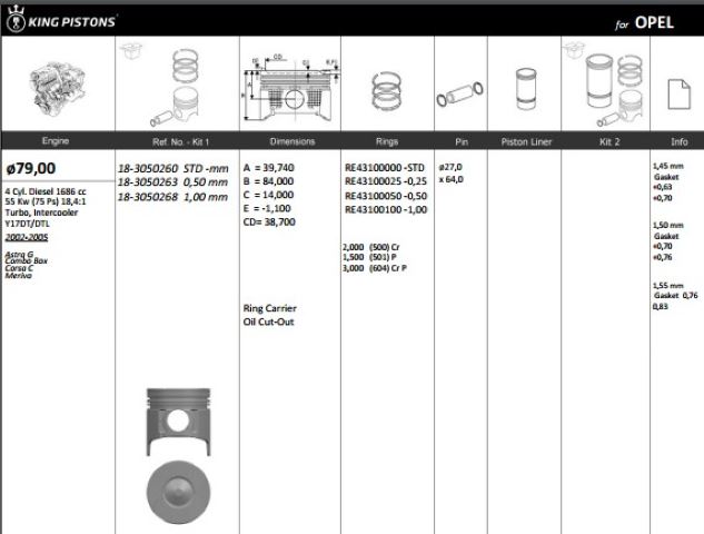 KINGPISTON 183050260 — PİSTON 79.00 MM (STD) OPEL ASTRA G CORSA C COMBO C 1.7 DTI 16V 00- Y17DT Y17DTL