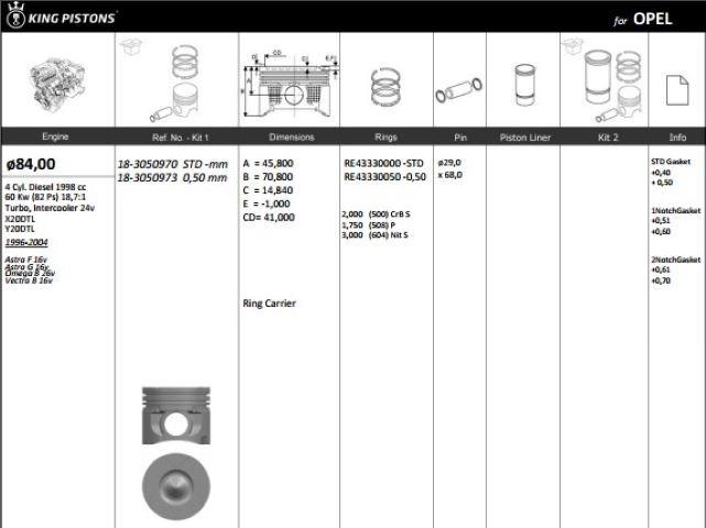KINGPISTON 183050970 — PİSTON 84.00 MM (STD) OPEL ASTRA VECTRA ZAFIRA 2.0 16V 04- X20DTL Y20DTL