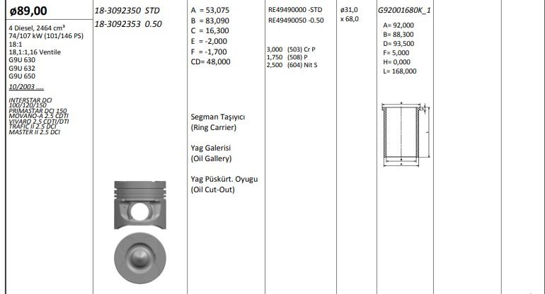 KINGPISTON 183092350 — PİSTON 89.00 MM (STD) RENAULT MASTER OPEL MOVANO VIVARO 2.5 DCI 06- G9U 632/650