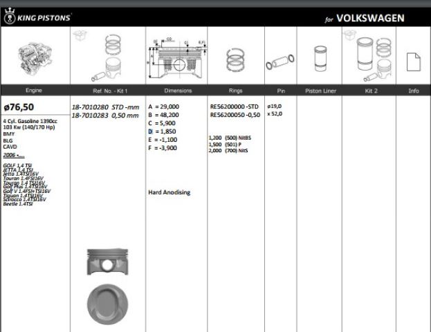 KINGPISTON 187010280 — PISTON 76.50 MM (STD) VOLKSWAGEN GOLF 1.4 TSI (140 PS) CAVA BMY BLG