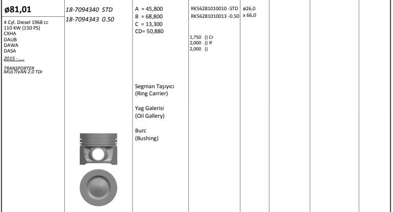 KINGPISTON 187094370 — PİSTON 81.00 MM (STD)VOLKSWAGEN TRANSPORTER T6 16- 2.0 TDI CXEC CXEB