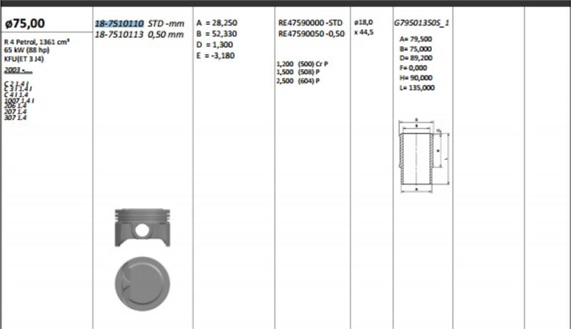 KINGPISTON 187510110 — PİSTON 75.00 MM (STD) PEUGEOT P207 P307 CITROEN C4 1.4 16V ET3J4