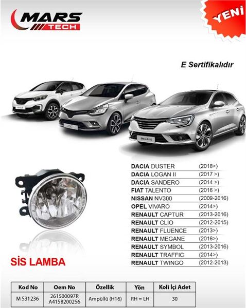 MARS 531236 — SİS LAMBASI AMPULLU CAPTUR CLIO IV DUSTER II FLUENCE KANGOO IV MEGANE III SCENIC III SYMBOL II STEPWAY II