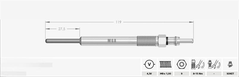 MGA 10124 — KIZDIRMA BUJİ 4,3V( OPEL CORSA D ASTRA J FIAT DOBLO FIORINO IDEA LINEA PUNTO 1.3 D MULTUJET 09-) 0,35 MM - 28MM
