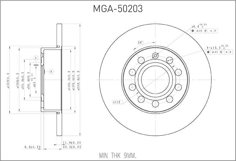 MGA 50203 — ARKA FREN DİSKİ-256X12 5×112 (VW CADDY 04-11 GOLF 04-14 AUDI A3 04-13 SKODA OCTAVIA 09-13)