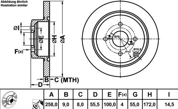 MGA 50255 — FREN DISK ARKA DUZ 258-4 ( TOYOTA COROLLA 03 - 07 / TOYOTA COROLLA VERSO 02 - 04)
