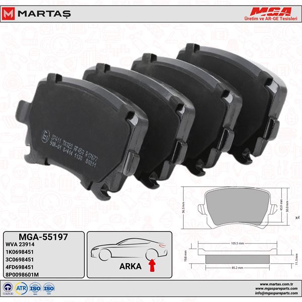 MGA 55197 — ARKA FREN BALATASI-KABLOSUZ- (VW CADDY 04-11 GOLF 04-14 AUDI A3 04-13 SEAT LEON 06-13 SKODA OCTAVIA 04-13)