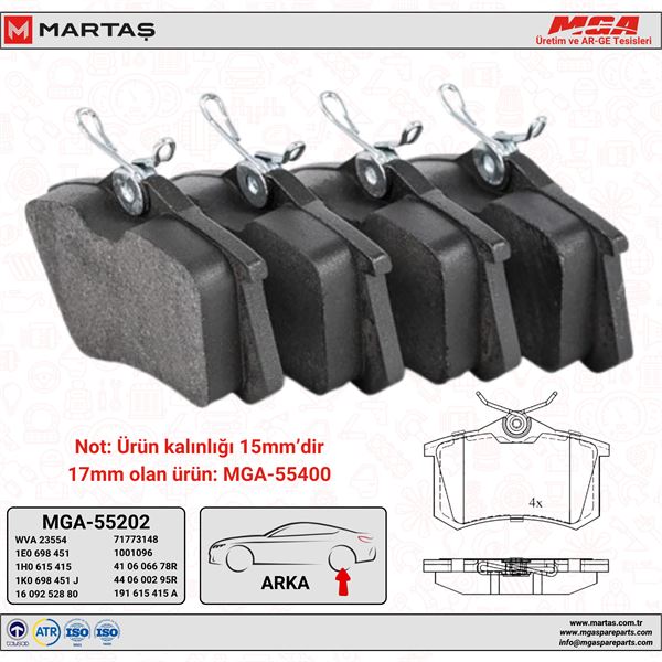 MGA 55202 — ARKA FREN BALATASI-KABLOSUZ - 15MM (RENAULT MEGANE II / PEUGEOT 307 CITROEN C3 / C4 - VW CADDY 04-15 GOLF 84-16