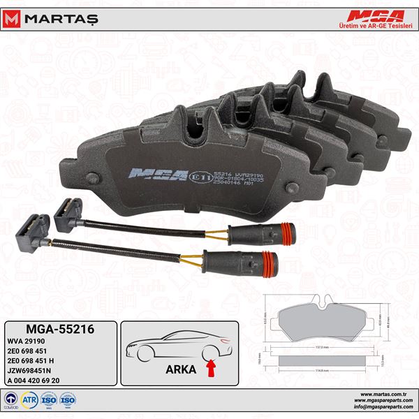 MGA 55216 — ARKA FREN BALATASI-TEK TEKER- (VW CRAFTER 06-16 MERCEDES SPRINTER 06-16) FİŞLİ