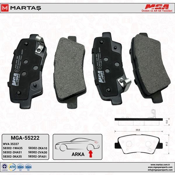 MGA 55222 — FREN BALATASI ARKA HYUNDAI ACCENT BLUE ELANTRA I30 11- / BAYON 21- / I20 15- / TUCSON 08-10 TUCSON SPORTAGE 15-/