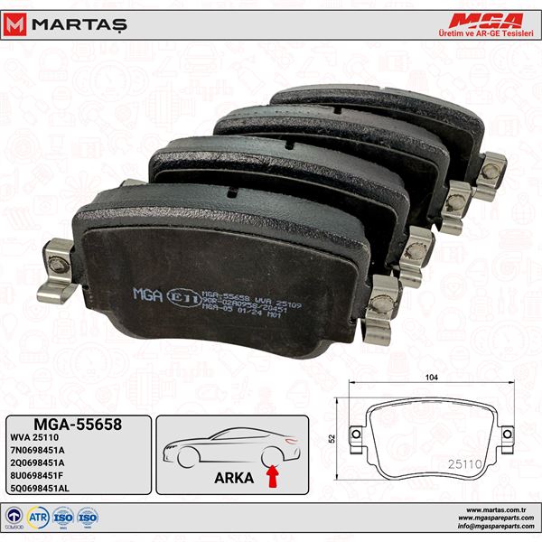 MGA 55658 — ARKA FREN BALATASI- (VW CADDY 16- GOLF 16 PASSAT 15- POLO 18- SEAT LEON 13-16 SKODA OCTAVIA 13-17)