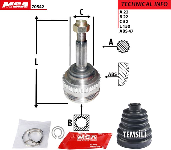 MGA 70542 — AKS KAFA DIS-(ABSLİ)-(CHEVROLET KALOS 02/10 1.4 8V-1.4 16V /AVEO 04/10 1.4 8V-1.4 16V ) ( 22×22x52xABS-47 )