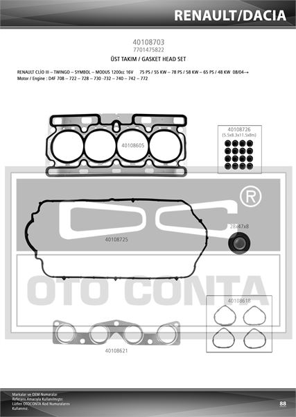 OTO CONTA 40108703 — MOTOR TAKIM CONTA CLIO II 01>06 CLIO III 05>14 CLIO IV 12>SYMBOL II 08>14 LOGAN 04> SANDERO 08> 1.2 16V