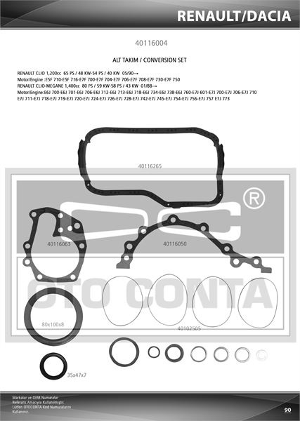 OTO CONTA 40116004 — CONTA ALT TAKIM KEÇELİ ( RENAULT CLIO I / EXPRESS / R19 / R9 1.4 8V E7J E6J