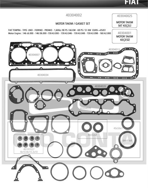 OTO CONTA 40304002 — MOTOR FULL TAKIM CONTASI KEÇELİ SUBAP LASTİKLİ SİLİNDİR KAPAK CONTALI STANDART 1.80 mm FIAT TEMPRA SLX
