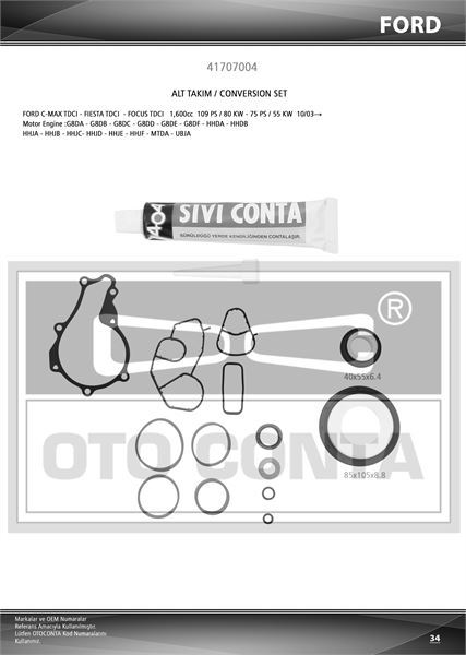 OTO CONTA 41707004 — MOTOR ALT TAKIM CONTASI TEFLON KEÇELİ SIVI CONTALI PEUGEOT PARTNER P206 P207 CITROEN BERLINGO 1.6 HDI