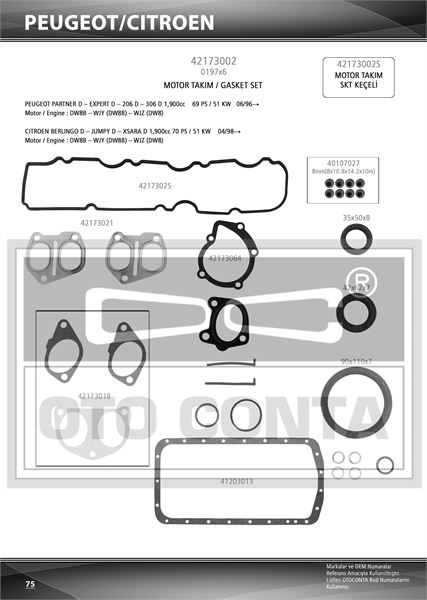 OTO CONTA 42173002 — MOTOR FULL TAKIM CONTASI VITON KEÇELİ SİLİNDİR KAPAK CONTASIZ SUBAP LASTİKLİ PEUGEOT PARTNER CITROEN