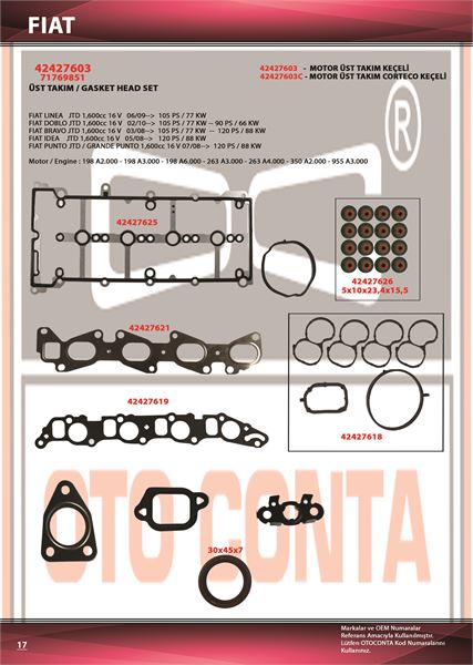 OTO CONTA 42427603 — MOTOR ÜST TAKIM CONTASI KEÇELİ SUBAP LASTİKLİ SİLİNDİR KAPAK CONTASIZ FIAT DOBLO LINEA PUNTO 1.6 JTD