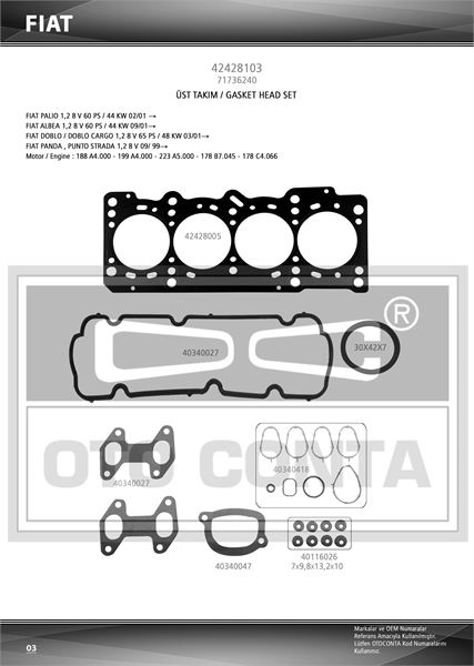 OTO CONTA 42428103 — MOTOR UST TAKIM CONTASI CELIK KECELI SILINDIR KAPAK CONTALI FIAT DOBLO PALIO 1.2 8V
