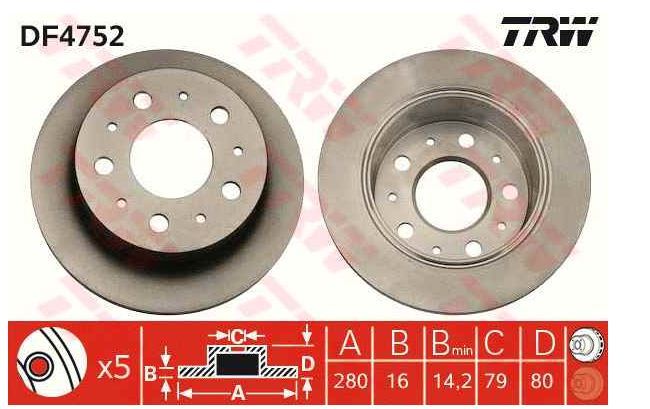 TRW DF4752 — FREN DİSKİ DUCATO III 06-14 / BOXER III 06-14 / JUMPER III 06-14 ARKA DÜZ 16 JANT 280-5 (YÜKSEKLİK 80mm)