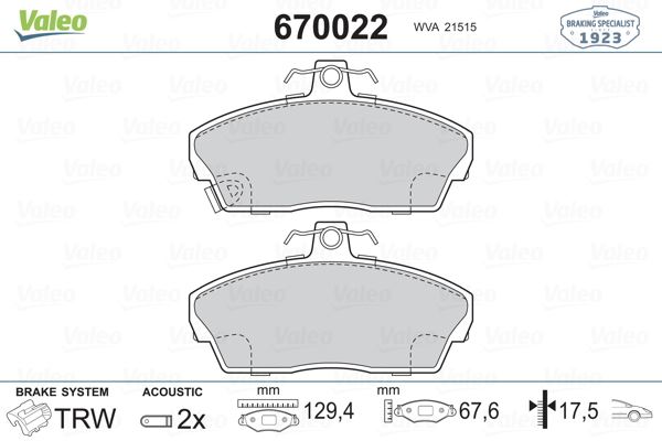 VALEO 670022 — BALATA FREN ÖN-(HONDA CIVIC 01/06/EURO-CIVIC 96/00/ROVER-25 ROVER-45 00/06/ROVER-
