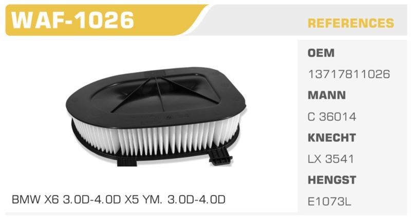 WINKEL WAF026 — HAVA FİLTRESİ BMW X3 F25 BMW X5 E70 BMW X5 BMW X6 E71 BMW X6 3.0D 4.0D Koli: 10 Ad.