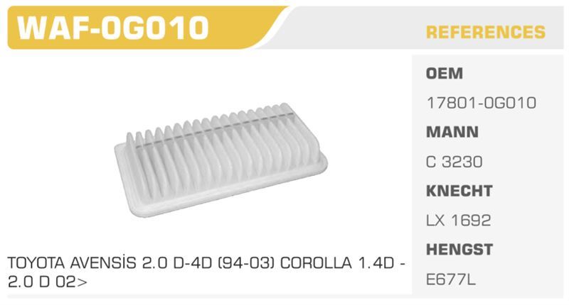 WINKEL WAF0G010 — HAVA FİLTRESİ COROLLA 04-07 AVENSIS 03-08 1.4 D4D 2.0 D4D Koli: 20 Ad.