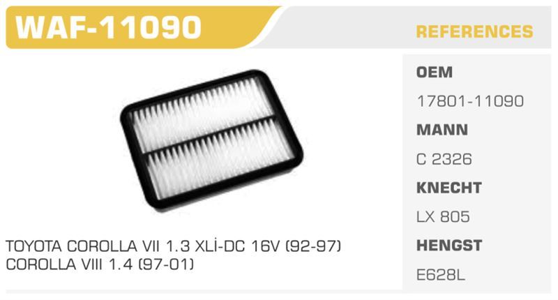 WINKEL WAF11090 — HAVA FİLTRESİ COROLLA AE111 98>02 1.3 INJ. Koli: 40 Ad.