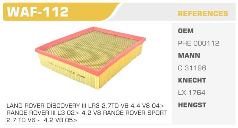 WINKEL WAF112 — HAVA FİLTRESİ RANGE ROVER 4×4 09> 3.0TD Koli: 20 Ad.