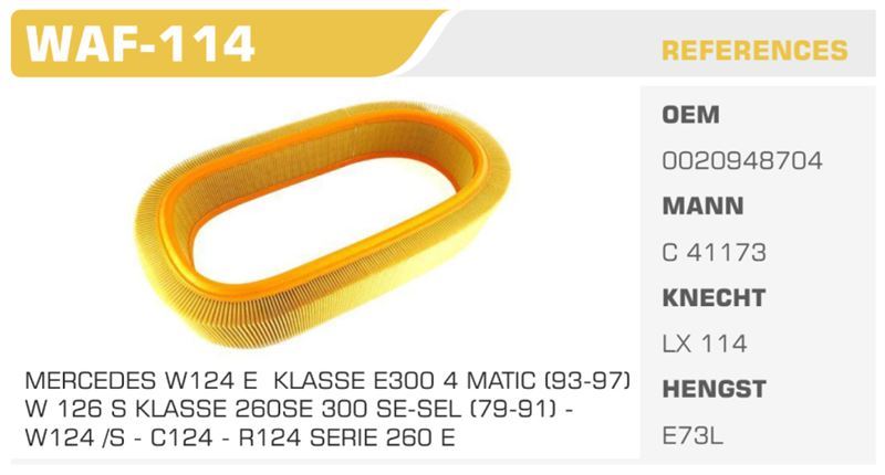 WINKEL WAF114 — HAVA FİLTRESİ MERCEDES S KLASSE W126 300 SE.SEL 180HP 09/85 06/91 W124 S124 C124 W126 Koli: 20 Ad.