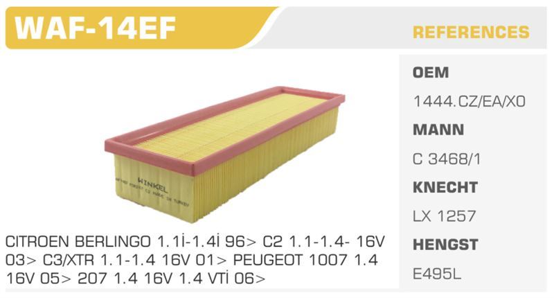 WINKEL WAF14EF — HAVA FİLTRESİ 207 PARTNER / C2 C3 1.6 16V Koli: 38 Ad.