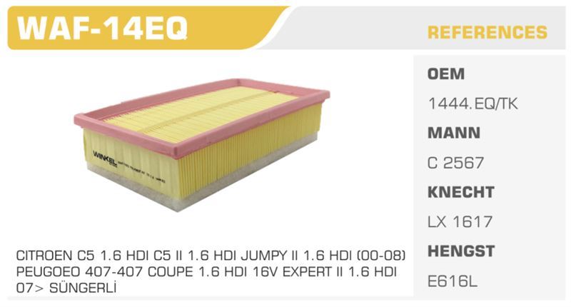 WINKEL WAF14EQ — HAVA FİLTRESİ SCUDO / 407 04> EXPERT / C5 JUMPY 1.6 HDI 1.6 MTJ DV6TED4 Koli: 54 Ad.