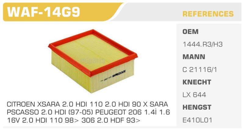 WINKEL WAF14G9 — HAVA FİLTRESİ 206 >04 / XSARA 1.6 16V TU5JP4 1.6 8V TU5JP Koli: 20 Ad.