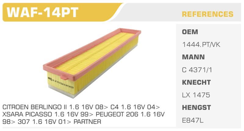 WINKEL WAF14PT — HAVA FİLTRESİ 206 04> 207 307 05> PARTNER II 09> / C4 BERLINGO 09> 1.6 16V Koli: 40 Ad.