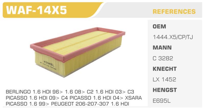 WINKEL WAF14X5 — HAVA FİLTRESİ 206 207 307 308 PARTNER / C3 C4 BERLINGO 1.6 HDI Koli: 54 Ad.
