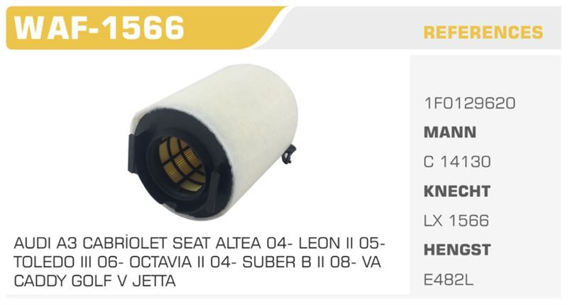 WINKEL WAF1566 — HAVA FİLTRESİ GOLF V JETTA III PASSAT CADDY III / A3 / ALTEA / OCTAVIA 2.0 TDI 1.6 BSE BGU Koli: 21 Ad.