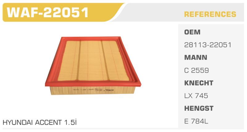 WINKEL WAF22051 — HAVA FİLTRESİ ACCENT 95>00 1.5 Koli: 40 Ad.