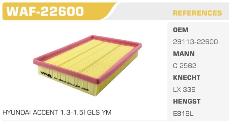 WINKEL WAF22600 — HAVA FİLTRESİ ACCENT MILENYUM ADMIRE 00-06 1.3 1.5 1.6 Koli: 64 AD