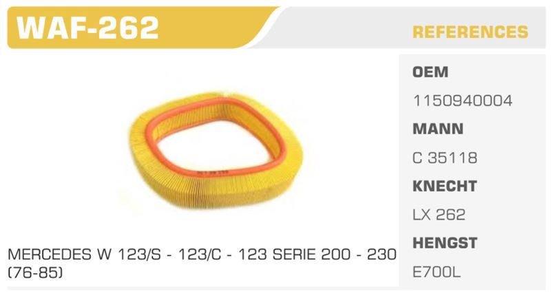 WINKEL WAF262 — HAVA FİLTRESİ MERCEDES W123 W115 74>90 200 230 BENZ. Koli: 20 Ad.