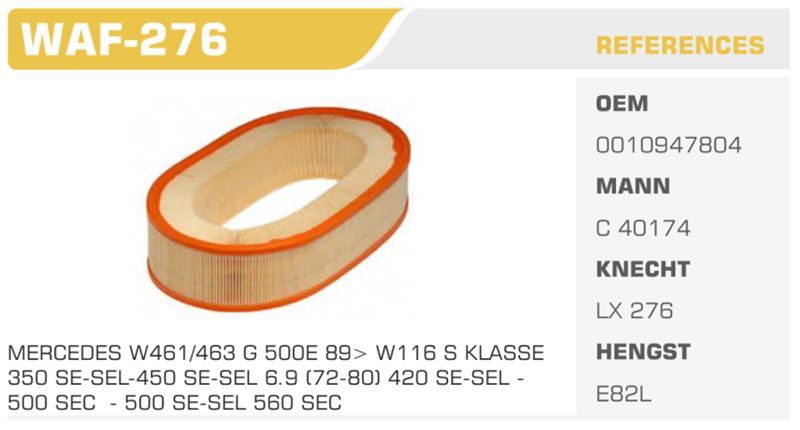 WINKEL WAF276 — HAVA FİLTRESİ MERCEDES S KLASSE W126 560 SEL 242HP 85>91 Koli: 20 Ad.