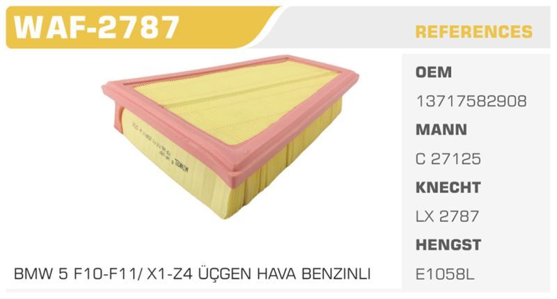 WINKEL WAF2787 — HAVA FİLTRESİ BMW 5 11> BMW Z4 BMW X1 520i Koli: 20 Ad.
