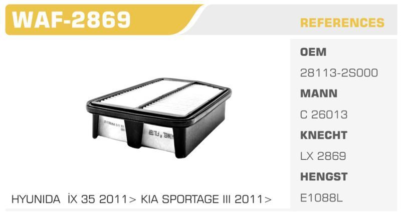 WINKEL WAF2869P — HAVA FİLTRESİ i30 11> iX35 11-12 i40 12> / SPORTAGE 11-12 1.4 1.6 GDI 1.7 CRDI 2.0 CRDI 2.0 GDI (POSETLI)