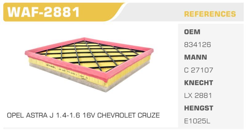 WINKEL WAF2881 — HAVA FİLTRESİ ASTRA J 09> ZAFIRA C CASCADA 13> / CRUZE 09> 1.3 1.7DI 1.7 CDTI 2.0 CDTI 2.0 CDI (ITHAL)