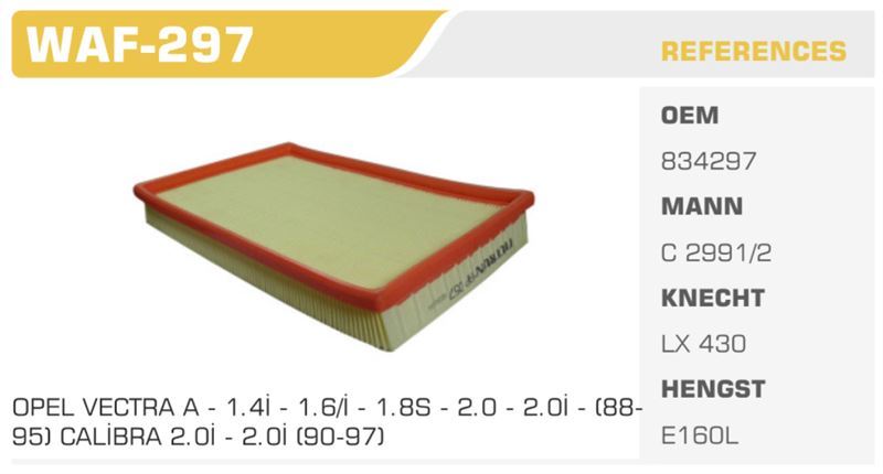 WINKEL WAF297 — HAVA FİLTRESİ VECTRA A CALIBRA A 2.0 C20NE Koli: 36 Ad.