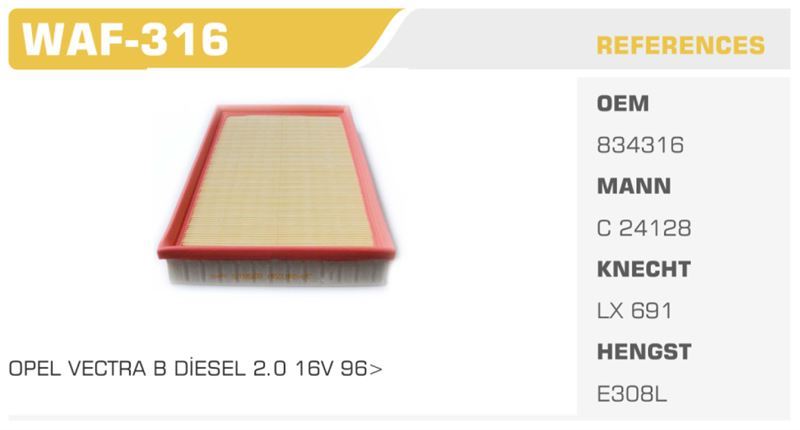 WINKEL WAF316 — HAVA FİLTRESİ VECTRA B 2.0D Koli: 30 Ad.