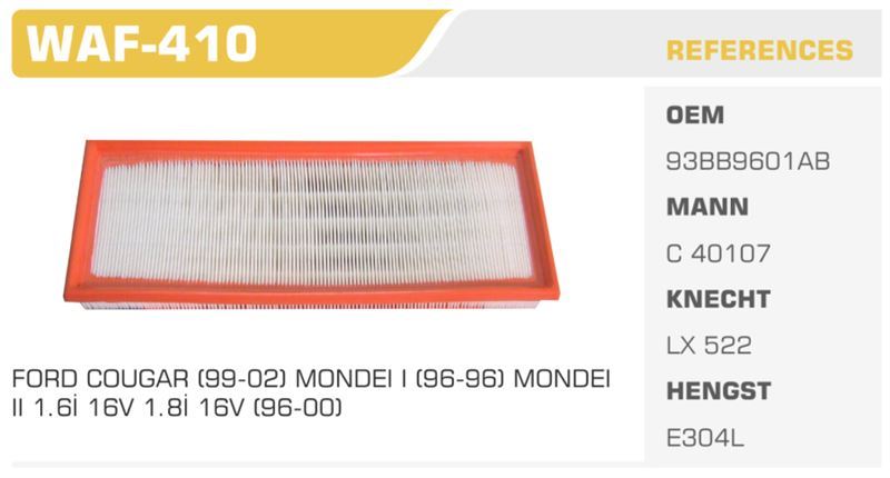 WINKEL WAF410 — HAVA FİLTRESİ MONDEO 93>96 1.6 16V Koli: 36 Ad.