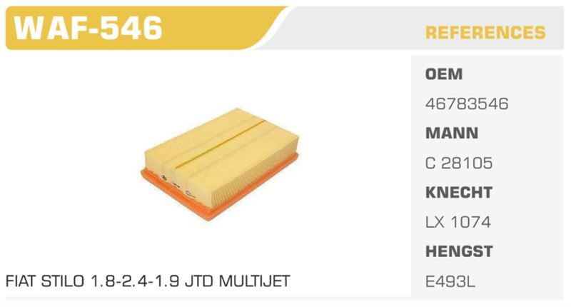 WINKEL WAF546 — HAVA FİLTRESİ BRAVO 07> STILO 01> 1.9 JTD 1.9D MTJ Koli: 24 Ad.