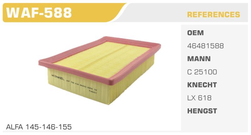 WINKEL WAF588 — HAVA FİLTRESİ MAREA BRAVA BRAVO / 145 146 155 156 1.4i 1.6 16V 1.8i 1.9 JTD 2.0 20V Koli: 36 Ad.