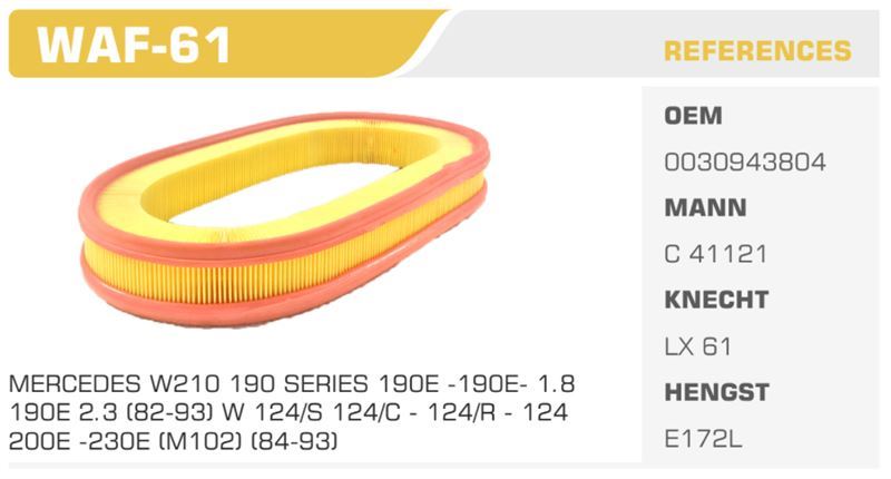 WINKEL WAF61 — HAVA FİLTRESİ MERCEDES 190 W201 E180 E200 E230 COUPE C124 230CE G SERI W63 82> Koli: 22 Ad.