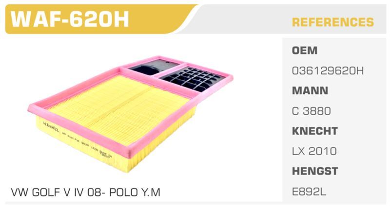 WINKEL WAF620H — HAVA FİLTRESİ GOLF V VI POLO HB 01> POLO V 07> CADDY III / FABIA OCTAVIA 1.4 16V Koli: 37 Ad.